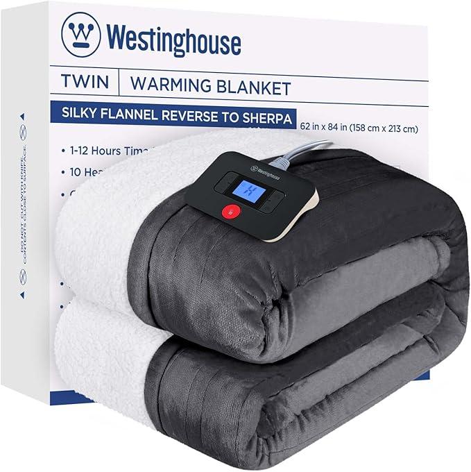 Westinghouse Electric Blanket Twin, Heated Blanket Twin Size with 10 Heating Levels and 1 to 12 Hours Heating Time Settings, Flannel to Sherpa Reversible, Machine Washable (62" x 84", Charcoal)