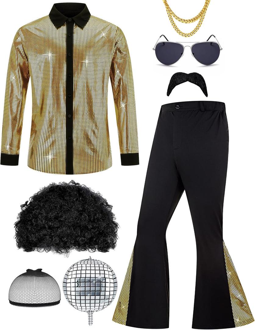 70s Disco Outfit for Men 70s Costume with Retro Shirt Bell Bottom Pants Wig Sunglasses Necklace Mustache (Black, XXXL)
