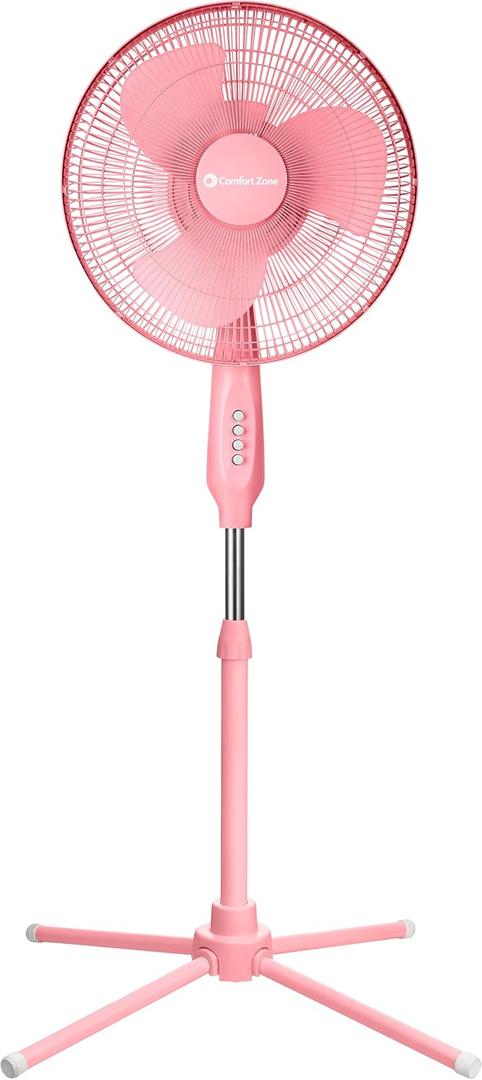Comfort Zone 16-Inch Oscillating Pedestal Fan 3-Speed High-Velocity Cooling, Adjustable Height & Tilt, Quad-Pod Folding Base, Pink ETL Listed