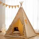 Teepee for Kids Tent Indoor with Floor Mat,Carry Bag,Banner,Play Cottage with Star Light, Cotton Canvas Kids Teepee Tent for Girls & Boys, Pompom Ball Design, Foldable Teepee Tent