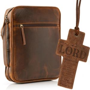 ELIZO Leather Bible Cover for Men Bible Case Women Holder Carrying Organizer Wrap Sleeve Protector Christian Religious Gift Cross Bookmark Large Antique Brown
