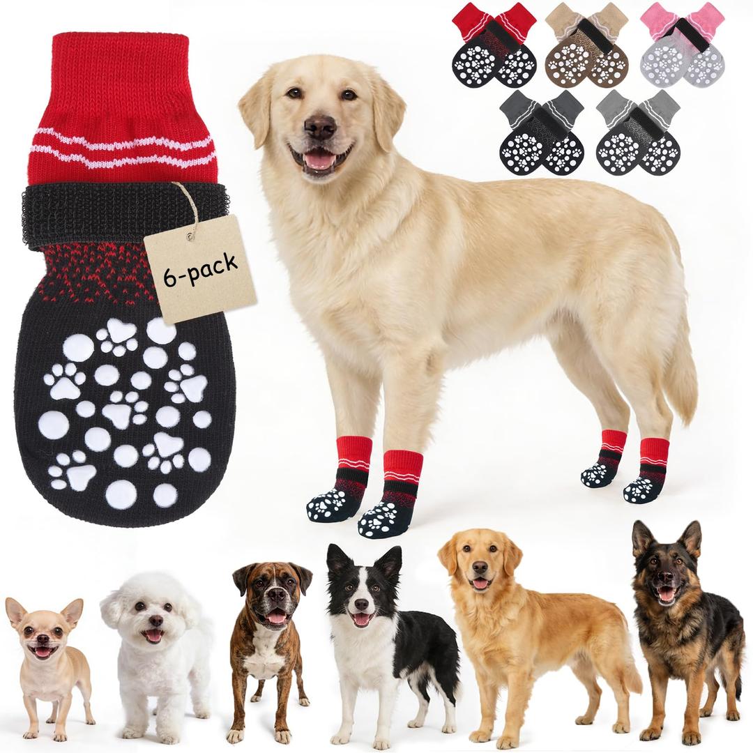 BINGPET 6PCS Dog Socks to Prevent Licking Paws with Grippers for Hardwood Floors Anti Slip, Winter Pet Shoes Booties, Extra-Thick Grip Dog Boots & Paw Protectors for Small Medium Large Senior Dogs, L
