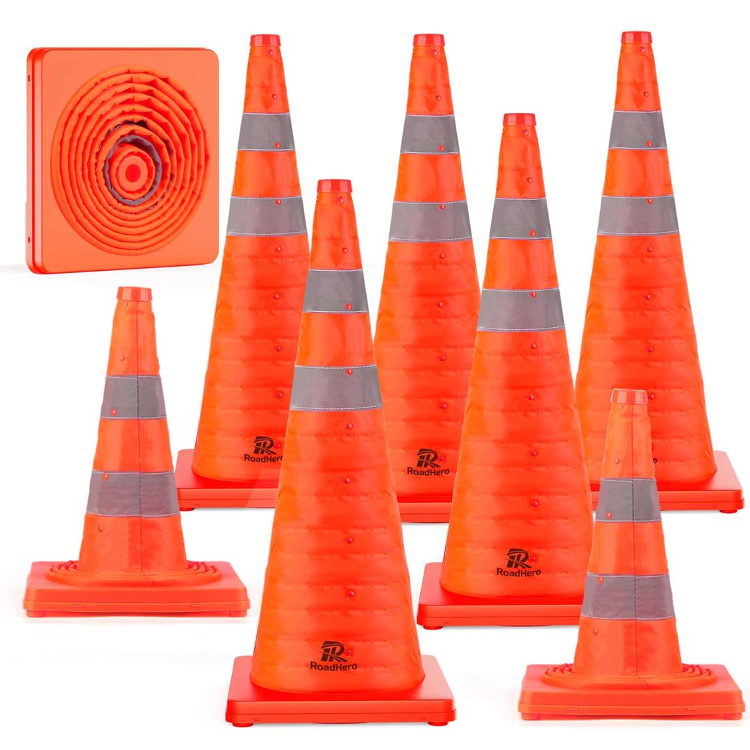 RoadHero 28 Inch 8 Pack Collapsible Traffic Cones, Multi Purpose Pop-up Orange Cones with Reflective Collar for Road Safety, Parking Cones for Sports, Driving Training