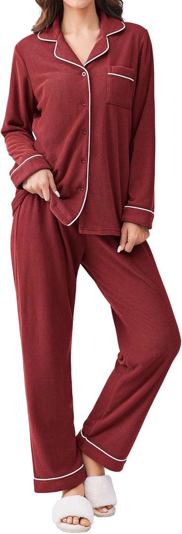 Ekouaer Women's Fleece Pajama Sets Long Sleeve Button Down Two-piece Sleepwear Soft Lounge Set (Small, Maroon Red)