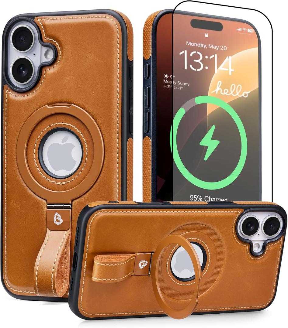 Magnetic Ring Grip Holder for iPhone 16 Case Leather | iPhone 16 Leather Case with Stand | Compatible with MagSafe (Brown, IP 16-6.1inch)