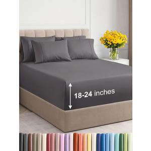 Extra Deep Queen Sheet Set - 6 Piece Breathable and Cooling Sheets - Hotel Luxury Bed Sheets Set - Easy & Secure Fit - Soft, Wrinkle Free and Comfy Sheets Set - Grey Sheet Set with Extra Deep Pockets (07 - Dark Grey)