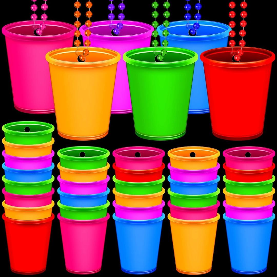 Sureio 24 Pieces Shot Glass Necklaces Light Up Necklace Shot Glasses Glow in the Dark Neon Plastic Shot Necklace Cups on Beaded for Halloween Christmas Wedding Glowing Party Favor, 6 Colors