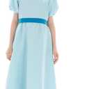 Kids Blue Dress Costume Cosplay Girls Princess Dress Summer Dress Blue Skirt Belt Bow Headwear Outfit Halloween Suit, Medium