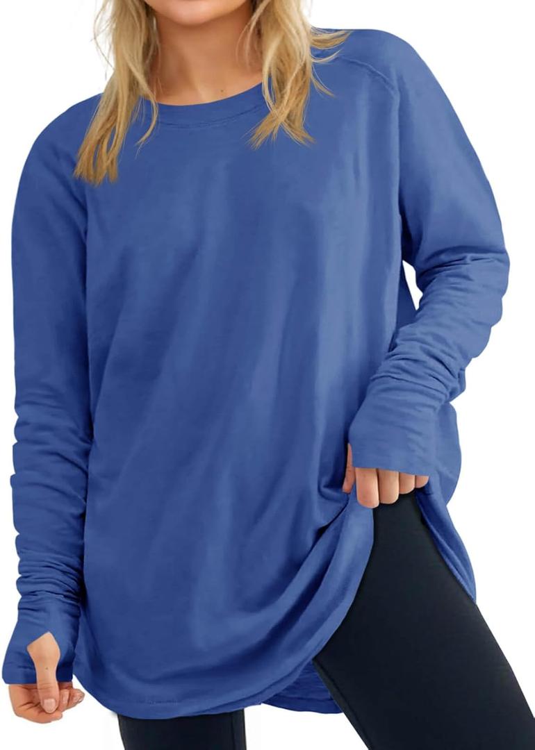Women's Plus Size Long Sleeve Tunic Top Crew Neck Summer Oversized Fit Basic T Shirts Blouse (X-Large Plus, Blue)