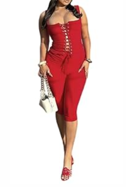 acelyn Womens Sexy 2 Piece Outfits Sleeveless Capri Sets Tie Up Tank Top & Short Set Summer Pants Set Going Out Club Outfit (Red)