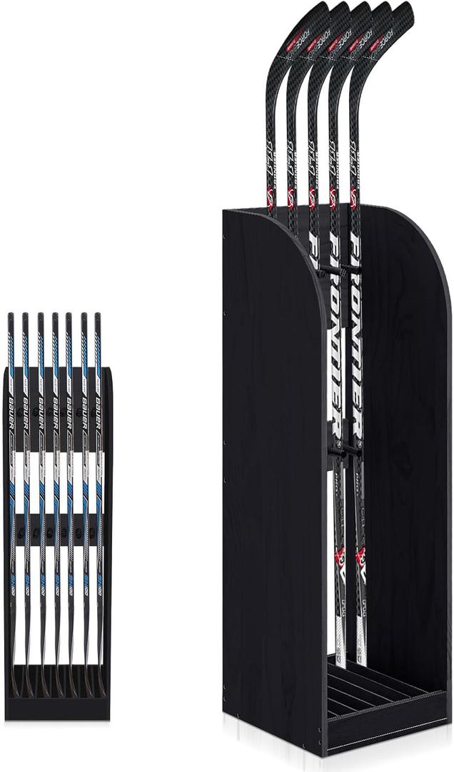 38 Inch Vertical Hockey Stick Rack Wooden Hold 7 Hockey Sticks Holder Stand Organizer for Players Display Home Garage Storage (Black)