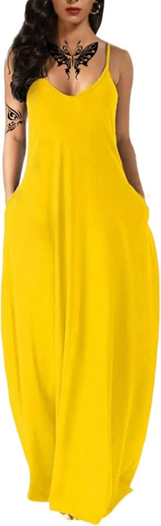 Women's Summer Maxi Dress Long Dress Casual Boho Sleeveless Strap Smocked Tiered Long Beach Sun Dresses (Medium, Yellow)