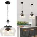 Modern Black Chandelier for Dining Room,3-Light Dining Room Light Fixture Over Table with 14.2" Clear Air Bubble Glass Shade,Industrial Hanging Pendant Lights Fixture for Kitchen Island Entryway Foyer
