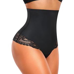 Tummy Control Thong Shapewear for Women Mid High Waisted Body Shaper Underwear Lace Shaping Thong Girdle Panties Black, Lace, XXL