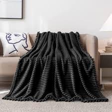 DISSA Fleece Blanket Twin Size – 60x80, Black  Soft, Plush, Fluffy, Fuzzy, Warm, Cozy – Perfect Throw for Couch, Bed, Sofa  with Pompom Fringe  Flannel Blanket