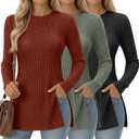 Oakgarden 3 Pack Women's Long Sleeve Shirts with Side Split Crew Neck Lightweight Tunic Sweaters Ribbed Casual Fall Tops (L)