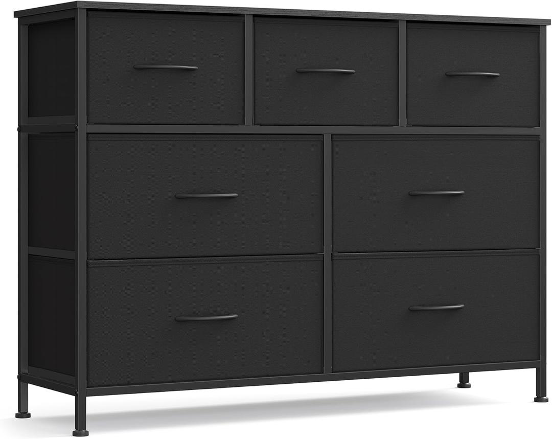 SONGMICS Dresser for Bedroom, Chest of Drawers, TV Stand, Steel, MDF, 7 Non-Woven Fabric Drawers, Storage Organizer Unit, Closet, Entryway, Ink Black and Ebony Black ULGS323B01S