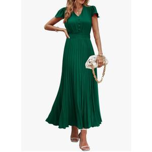 PRETTYGARDEN Women's Summer Maxi Dresses 2026 Trendy Casual Button V Neck Ruffle Cap Sleeve Long Flowy Spring Pleated Dress XL