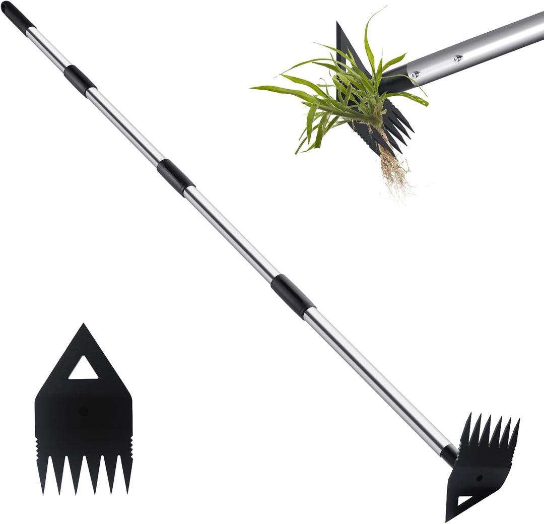 PIMEKOY Weed Puller Tool with Long Handle, Hoe Garden Tool Weeding Rake Combo for Uprooting, Garden Hoe, Weed Remover Manual Hand Weeder for Yard Flower Bed(Black)
