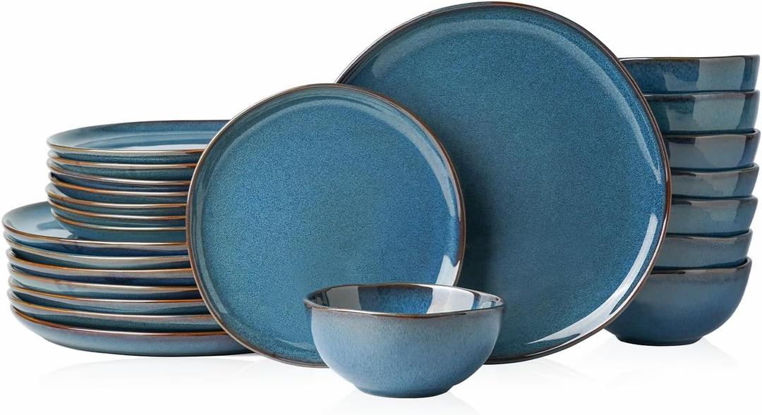 Stoneware Dinnerware Sets for 8, Reactive Glaze Plates and Bowls, Blue | 24-Piece Handcrafted Rustic Porcelain Dishes Set, Highly Scratch Resistant, Dishwasher & Microwave Safe