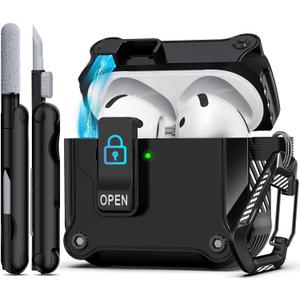 R-fun Compatible with AirPods 4th Gen Case, Full Drop Protection Auto Pop-Up Lid and Lock Design with Cleaner Kit and Keychain for AirPods 4 2024-Black