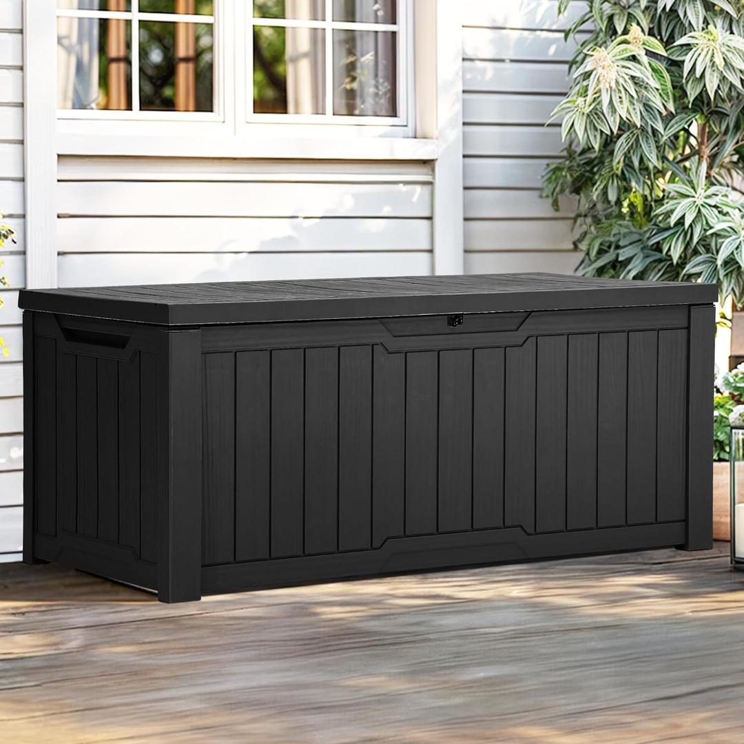 YITAHOME Outdoor Storage Box with Cushion, 120 Gallon Waterproof Deck Box for Garden Tools, Patio Cushions, and Pool Accessories, Lockable, Easy Assembly, Versatile Bench or Table (Black) YITAHOME Outdoor Storage Box with Cushion, 120 Gallon Waterproof Deck Box for Garden Tools, Patio Cushions, and Pool Accessories, Lockable, Easy Assembly, Versatile Bench or Table (Black)