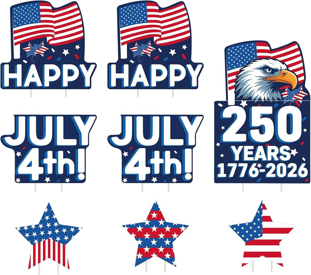 8 PCS 4th of July Yard Signs with Stakes, 250th Anniversary Independence Day Outdoor Decorations, National Flag Eagle Happy July 4th Waterproof Patriotic Stars Lawn Signs for Memorial Day Party Patio Decor