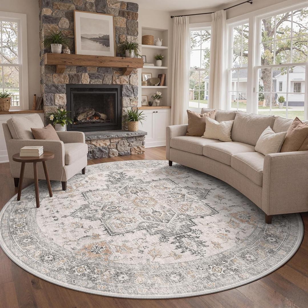 GENIMO 8FT Round Area Rugs for Living Room, Circle Rugs Machine Washable Low Pile, Chenille Non Slip Vintage Rug for Bedroom, Dining Room, Home Office, Light Taupe Brown