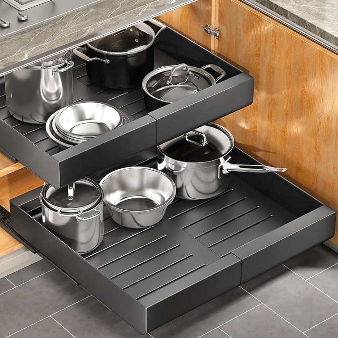Pull out Cabinet Organizer, Expandable(11.7"-19.7") Heavy Duty Slide out Drawer Fixed with Adhesive Nano Film for Pots, Roll out Shelf Storage for Kitchen Cabinet Organization, Pantry, Bathroom (17"D11.7"-19.7"W(1 Pack), Black)