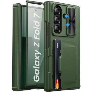 SIXBOX for Samsung Galaxy Z Fold 7 Case with Card Holder & Screen Protector, Built-in Hinge Protection & Slide Lens Cover, Durable Heavy Duty Hard Back Protective Phone Case for Galaxy Z Fold 7, Green