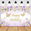 7x5ft Happy Birthday Backdrop Photography for Girls Purple Butterfly Gold Banner Princess Girl Birthday Party Cake Table Decorations Supplies Photo Booth Props