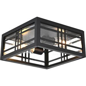 Square Ceiling Light Fixture Flush Mount Ceiling Light Black 2-Light with Seeded Glass, Industrial Ceiling Light Fixture for Kitchen Hallway Porch