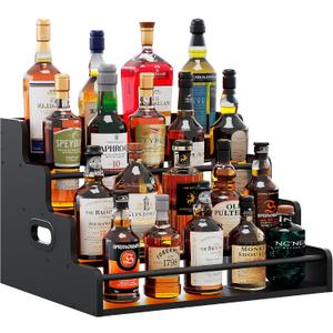 LIVELYGLOW 19.6W x 15.74" D x 12.5" H Inches Versatile 4-Step Coffee Syrup & Water Bottle Organizer Rack Multi-Functional Retro Display Shelf for Kitchen or Bar, Holds Liquor & Spirits, Black