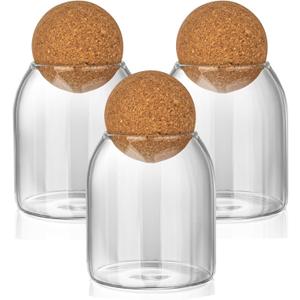 3 Pcs Glass Storage Jars, 480ML/16Oz - Airtight Cork Ball Lids, Glass Containers with Wooden Seals for Coffee Beans & Nuts