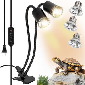Reptile Heat Lamp with Clamp, Dual Head UVA UVB Reptile Light Fixture with Cycle Timer Switch, 360 Rotatable Timing & Dimming, Heat Lamp for Lizard Turtle Snake Dragon, 3 Bulbs (50W)