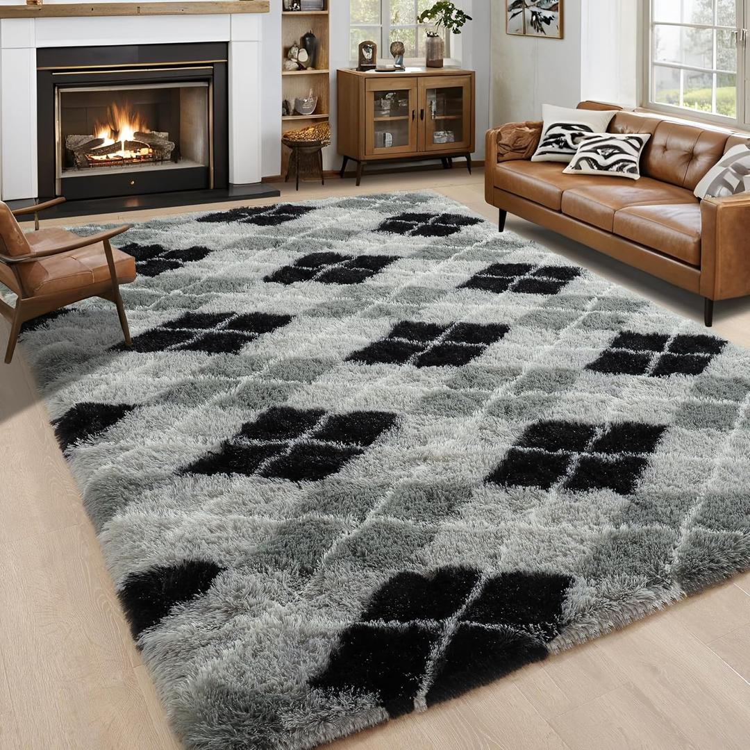 4x6 Black and Grey Area Rug for Bedroom Living Room Dining Room, Fluffy Shag Soft Plush Furry Carpet, Non-Slip Indoor Floor Mat for Kids Home Decor