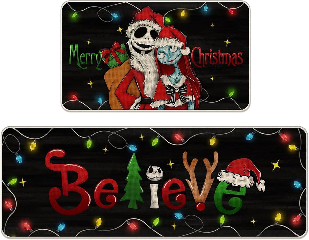 Merry Christmas Believe Jack Kitchen Rugs Set of 2, Xmas Sally Black Kitchen Mats Decor, Funny Holiday Floor Door Mat Home Decorations -17x29 and 17x47 Inch