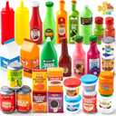 JOYIN 30Pcs Play Food Grocery Cans, Play Kitchen Accessories, Includes Drink, Juice, Jar, Seasoning, Water Bottle, Sauce, Yogurt, Ice Cream, Snack Box, Kids Gifts & Indoor Toys