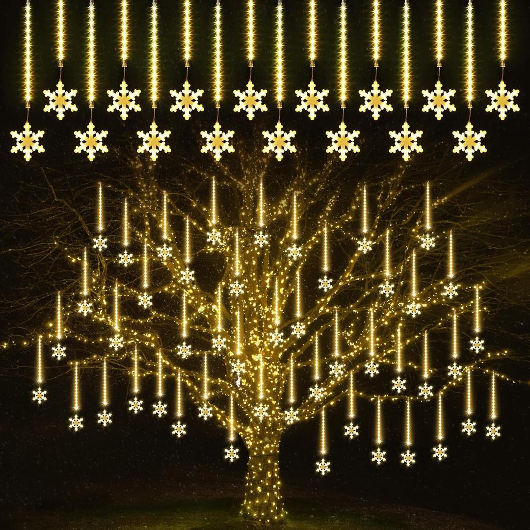 Enhon 2 Pack Meteor Shower Snowflake Lights Outdoor with Timer, Total 480 LED 12in 16 Tube Connectable Waterproof Meteor Rain Drop Christmas Light with Snowflake for Xmas Tree Roof Garden(Warm White)