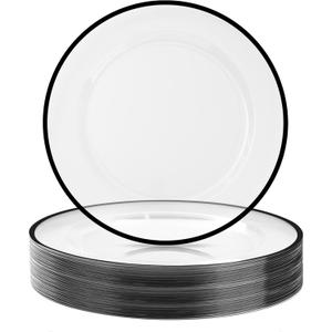 12 Inch Disposable Charger Plates, 50 Pack Plastic Clear Plates with Black Rim, Perfect Table Decor for Party, Wedding, Dinner