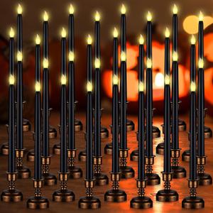 MTLEE 32 Pcs Black Flameless Taper Candles with Holders Halloween Candlesticks Taper Candles Battery Operated LED Flickering Candlesticks for Table Centerpiece Halloween Christmas Party Decorations