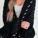 Womens 2024 Hooded Cardigan Sweaters Chunky Knit Stitch Edged Batwing Sleeve Fall Winter Loose Outerwear Coats Black (Black, L)