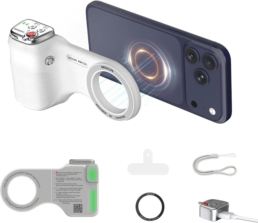 COMITOK Phone Camera Grip MOCA ARCO for Video Recording with Thumb Rest Area Design for iPhone Pro Max, with Enhanced Phone Mount & Detachable Remote for Easy Shooting, Video Call, Support iOS17/18/26