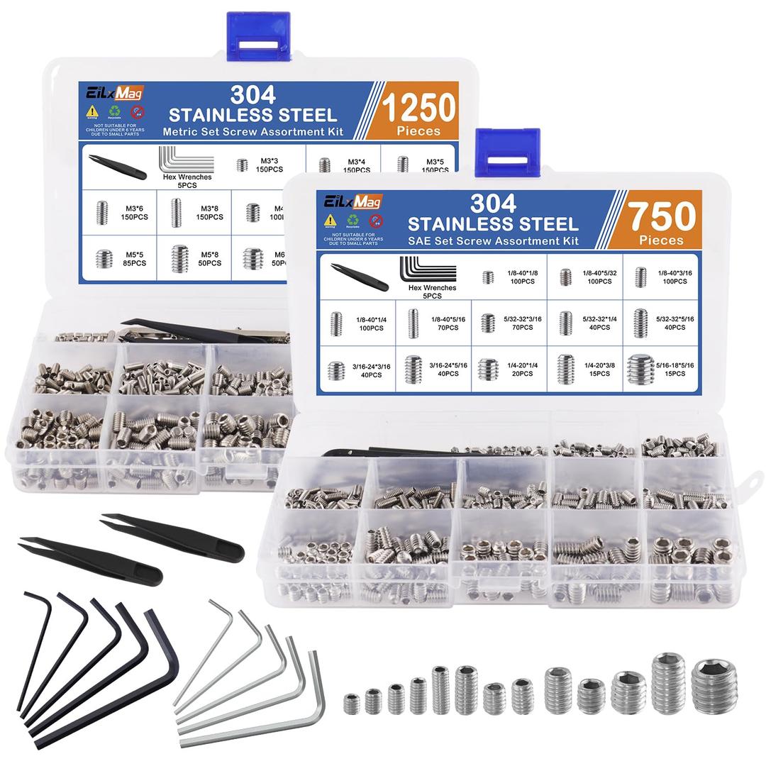  2000PCS Set Screws, 26 Sizes Metric & Sae Set Screw Assortment Kit, Allen Head Hex Socket Head Grub Screws for Bathroom Fixtures, Door Handles, 304 Stainless Steel (M3-M8, 1/8"-40 to 5/16"-18)