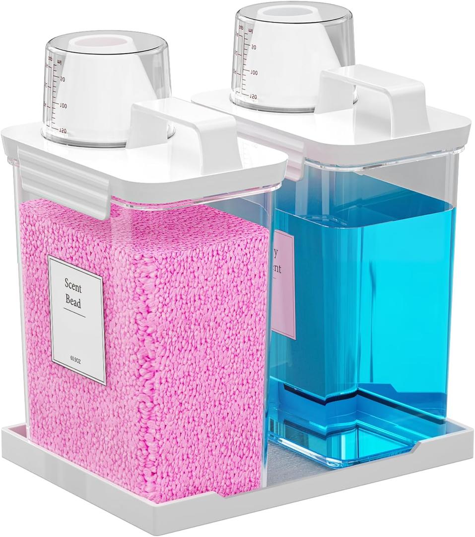 61OZ Laundry Detergent Dispenser Container, 2 Pack Liquid Laundry Dispenser, Plastic Detergent Dispensers for Laundry Powder/Fabric Softener with Tray 6 Labels, Clear