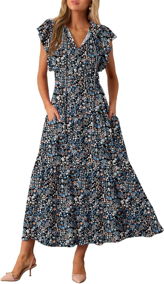 BLENCOT Womens Cotton Floral Maxi Dresses Casual Flowy Boho Dresses Summer Ruffle Short Sleeve V Neck Dress with Pockets (L)