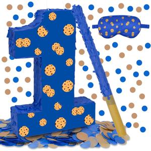 Cookie 1st Birthday Decorations, 15.7'' Cookie Number 1 Piata with Blindfold Stick and Confetti for Cookie Birthday Party Supplies (1st)