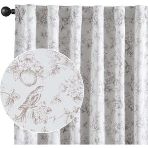 Vangao Taupe 100% Blackout Curtains for Bedroom 84 Inch Length, Country Flower Floral Curtains for Living Room Toile Cottagecore Thermal Insulated Window Drapes, 2 Panels Taupe and White