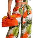 Elegant 2 Piece Sets for Women Sexy Printing Crop Top Long Straight Pants Vacation Outfits Beach (Orange/Green) XL