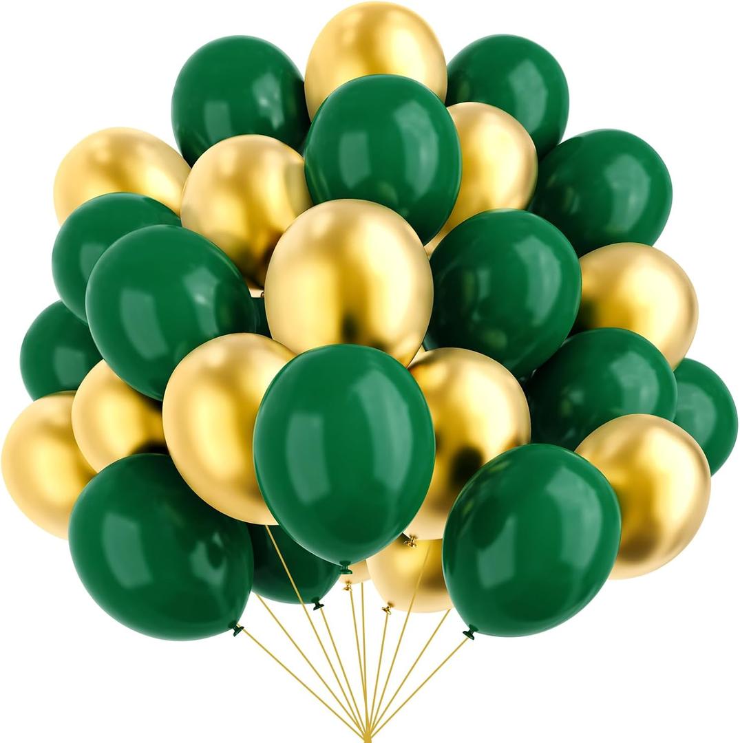 YMSZ Green and Gold Balloons, 67pcs 12 Inch Metallic Gold and Dark Green Balloons for Birthday, Graduation, St. Patrick's Day, Baby Shower, Jungle Party Decorations